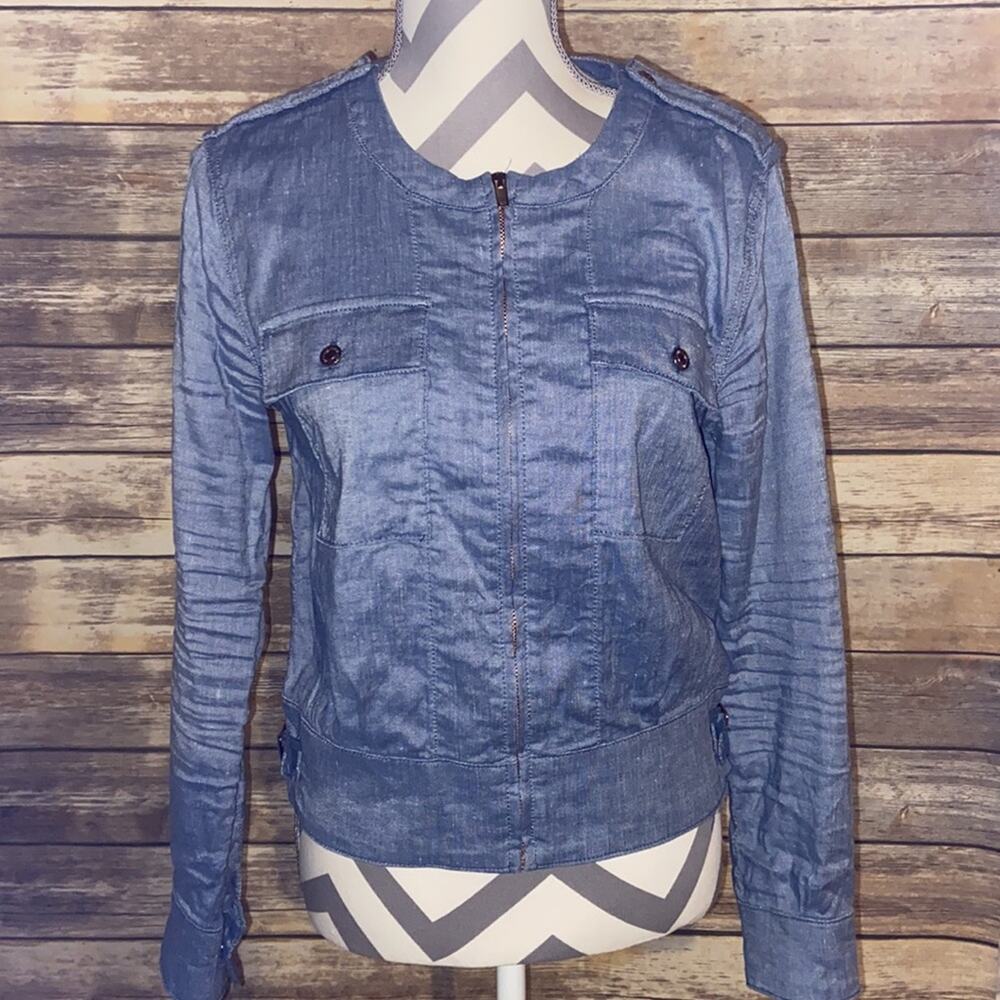 7 For All Mankind Chambray Moto Style Zip Jacket Women's Med Lightweight Blue